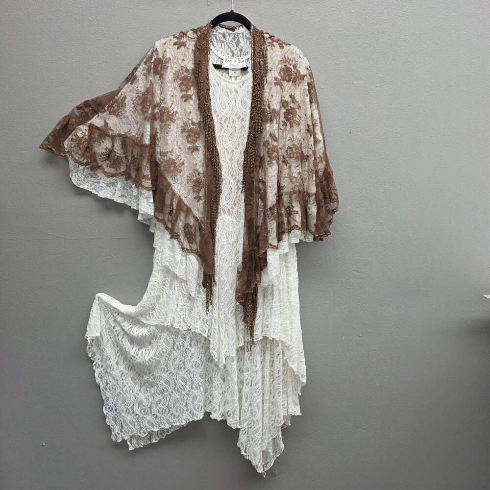 Ann N Eve Lace Dress Set Womens XL Ivory White Brown 3 Piece Boho Made U.S.A. - Picture 1 of 16